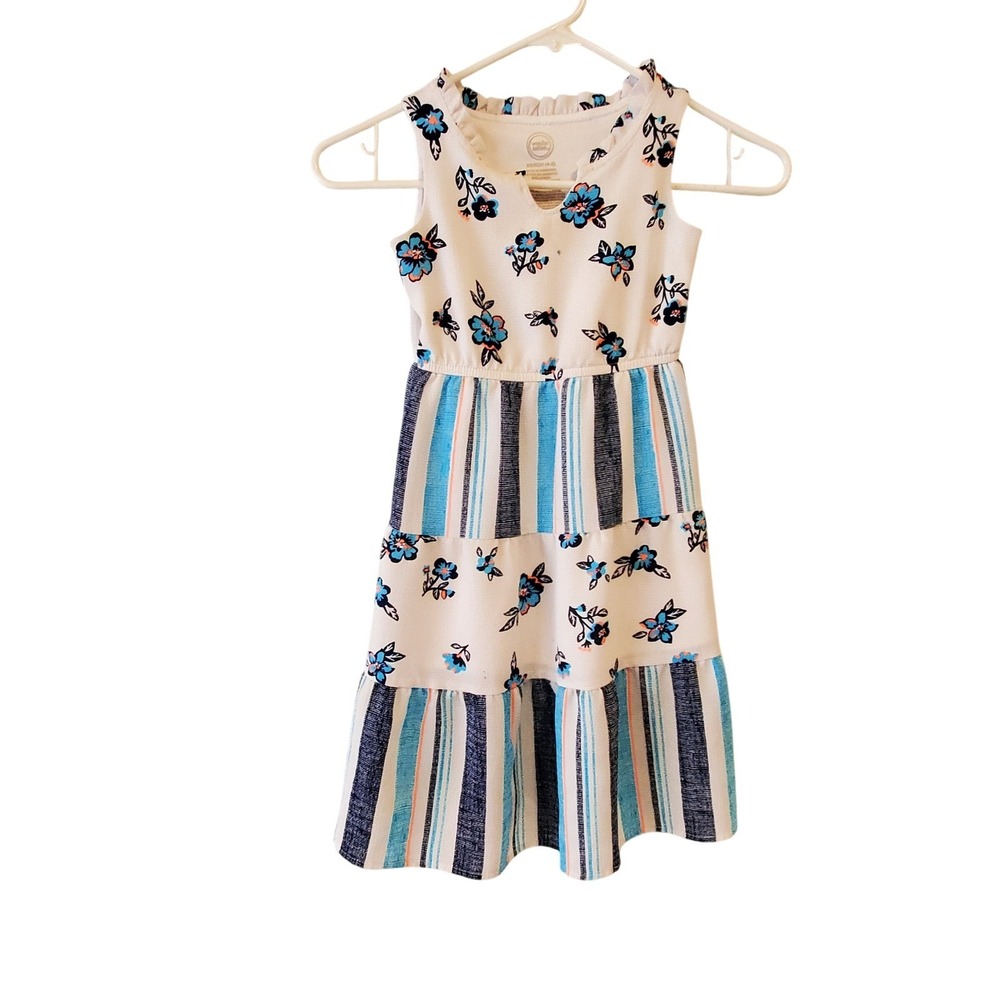 Wonder Nation Girls Floral Stripe Tiered Dress Blue White XS 4-5 Sleeveless